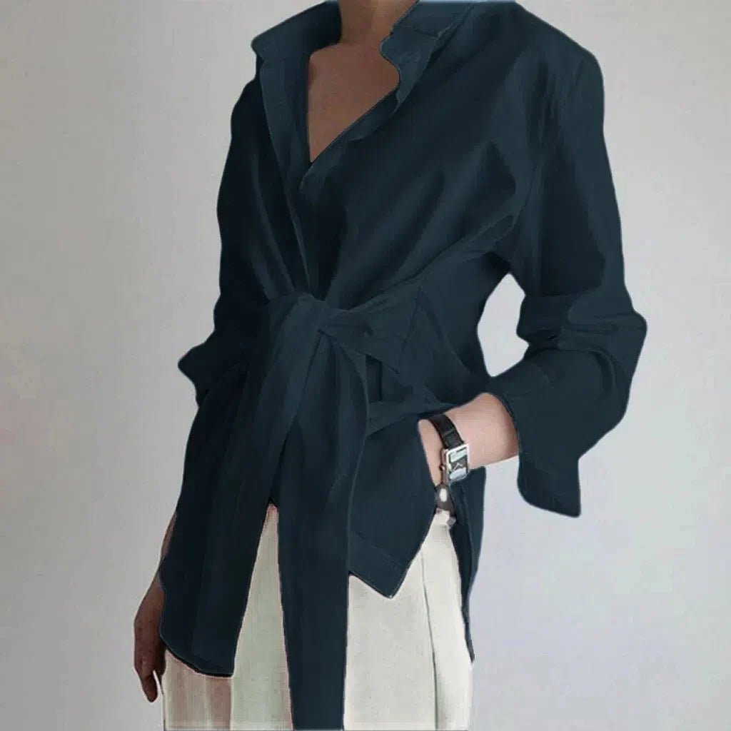 Slim Button Ruched Lace-Up Blouse