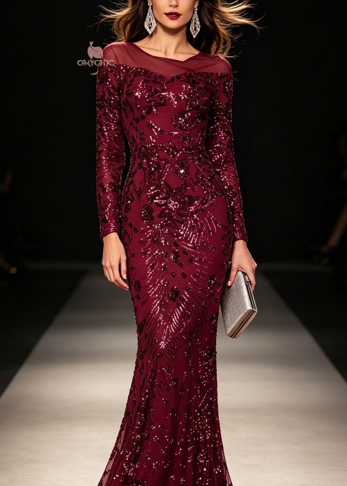 Sequin Off Shoulder Long Sleeve Bodycon Mermaid Maxi Formal Dress - View 2