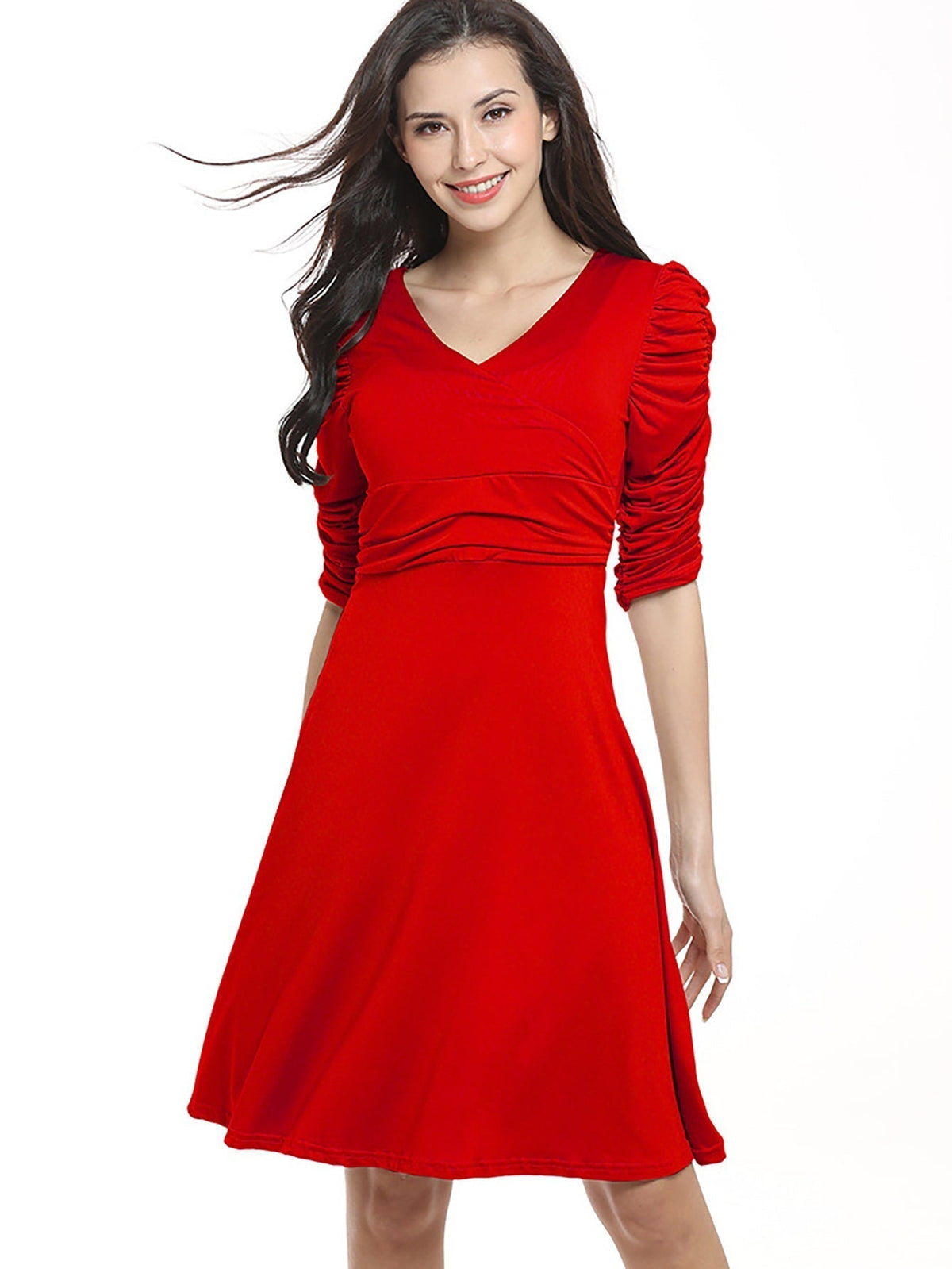 Surplice V-Neck Ruched Sleeve Fit & Flare Midi Dress