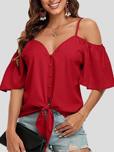 Sling Single Breasted Knotted Off Shoulder Blouse - Fashionpara