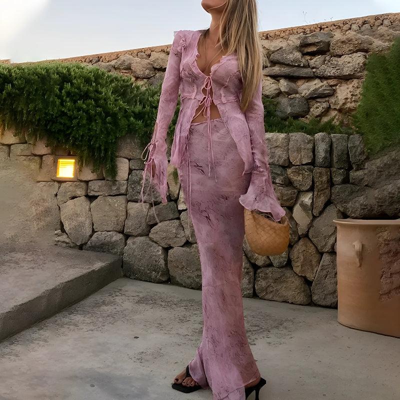 Snakeskin Blouse & Maxi Skirt Two Piece Set - Fashionpara