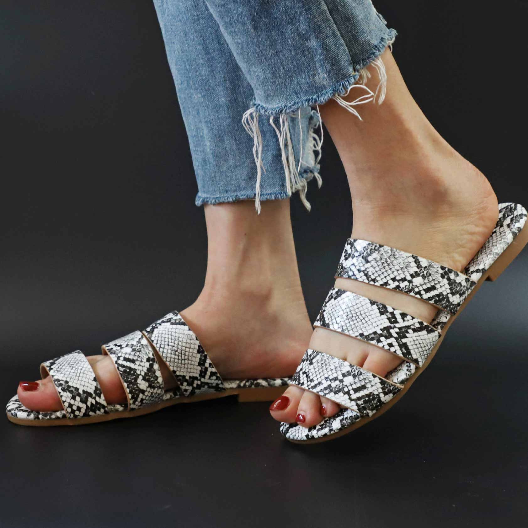 Snakeskin Print Open-toe Flats Sandals - Mislish