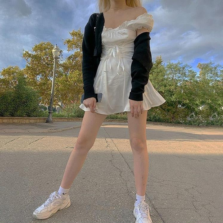 Square Neck Puff Sleeve Lace-Up Ruffle Hem Mini Dress