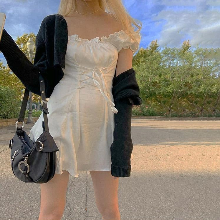 Square Neck Puff Sleeve Lace-Up Ruffle Hem Mini Dress