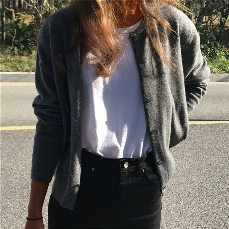 Single Breasted Solid Round Neck Knitted Cardigan
