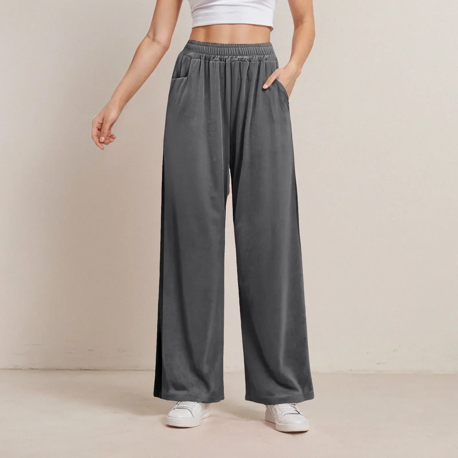 Solid Color Pocket Stretch Casual Pants