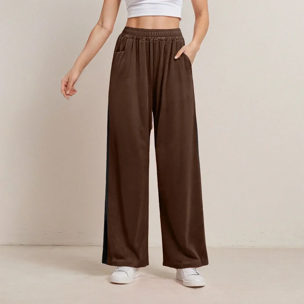 Solid Color Pocket Stretch Casual Pants Brown / S