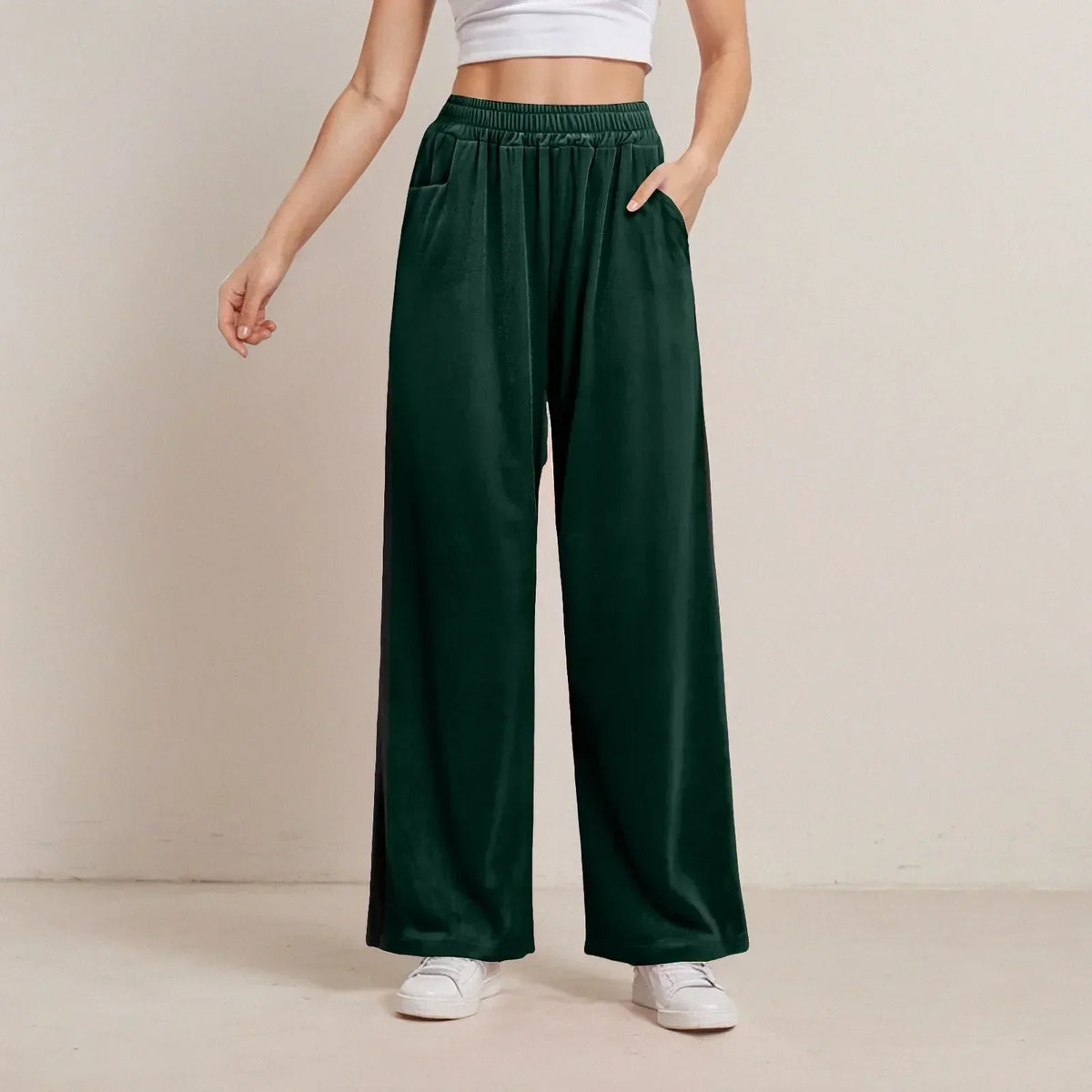 Solid Color Pocket Stretch Casual Pants Green / S