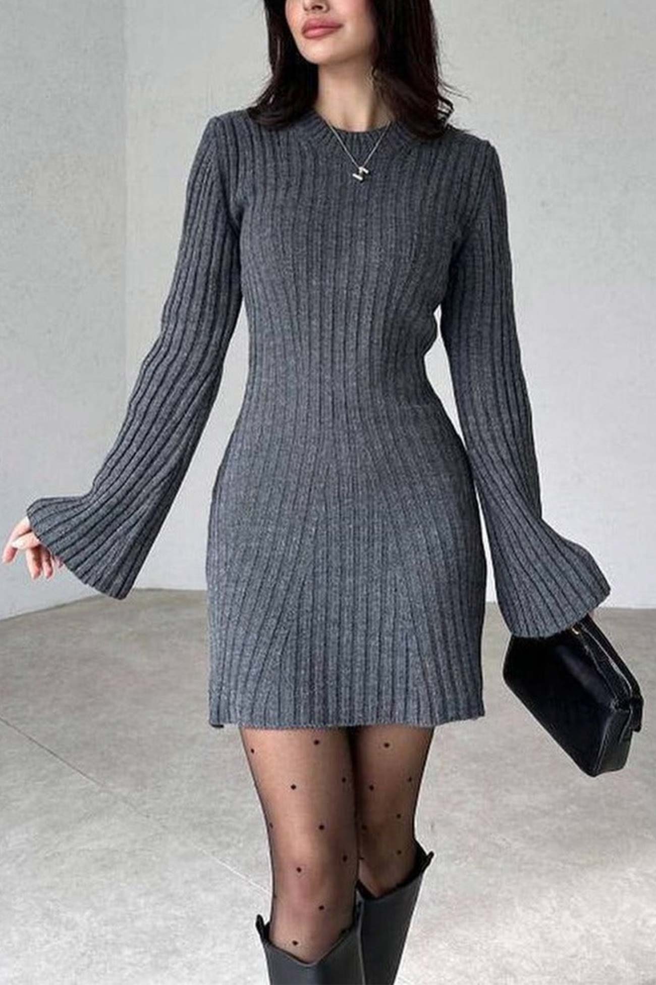 Solid Color Ribbed Knitted Dress