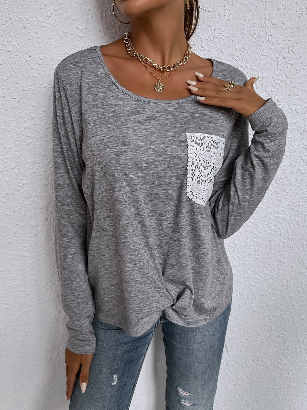 KittenAlarm - Solid Color Round Neck Lace Pocket T-shirt