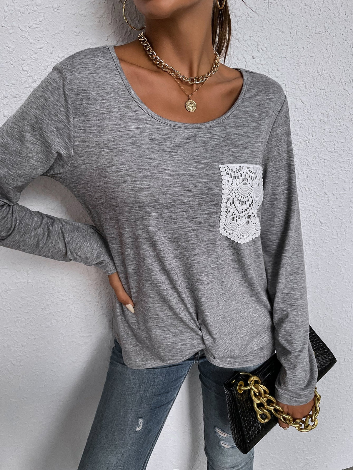 KittenAlarm - Solid Color Round Neck Lace Pocket T-shirt