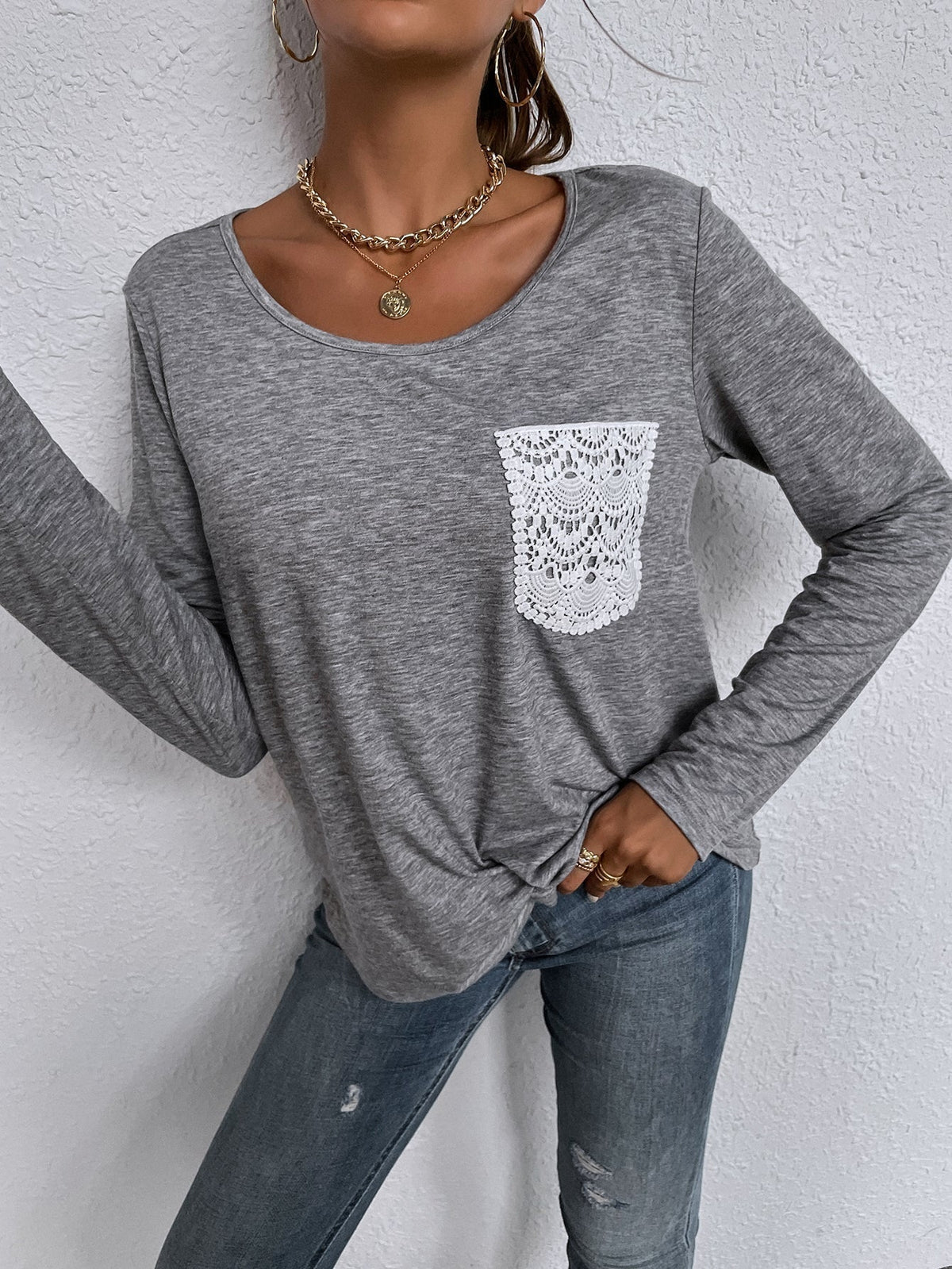 KittenAlarm - Solid Color Round Neck Lace Pocket T-shirt