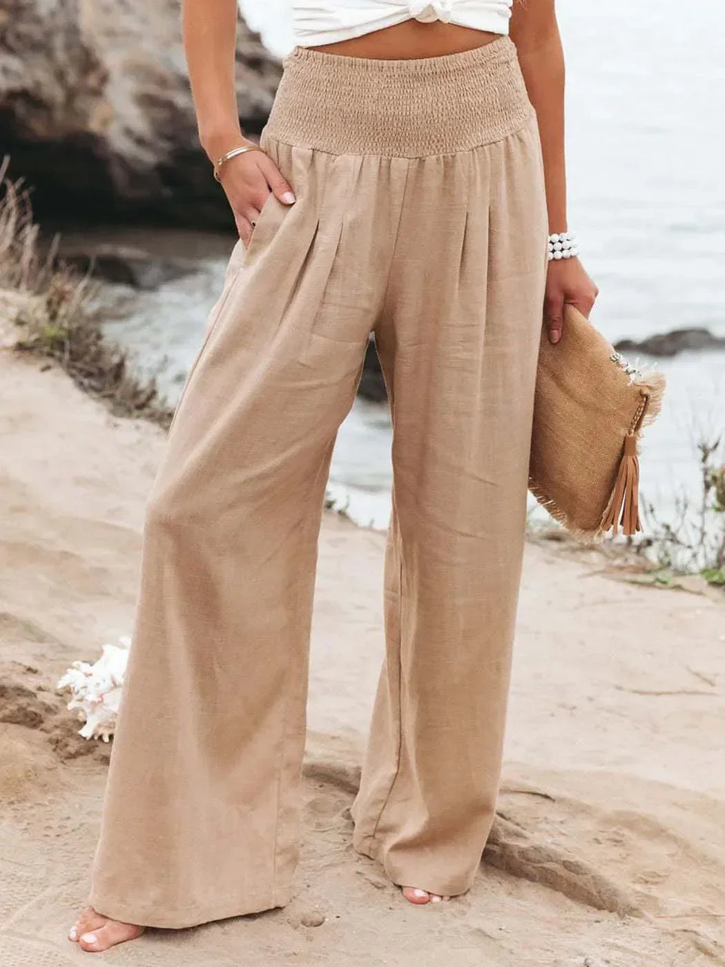 Casual Elastic Waist Linen Wide Pants