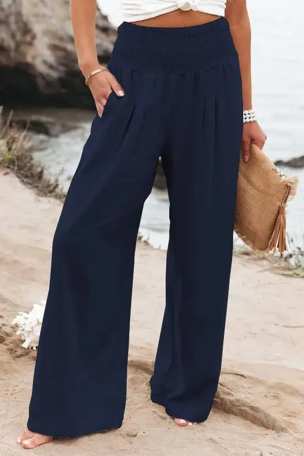 Casual Elastic Waist Linen Wide Pants