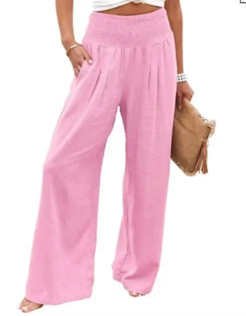 Casual Elastic Waist Linen Wide Pants
