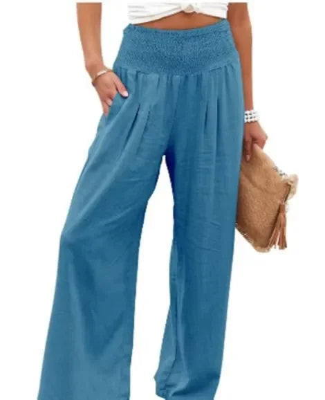Casual Elastic Waist Linen Wide Pants