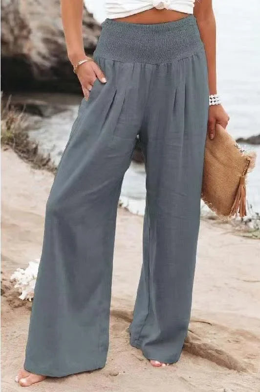 Casual Elastic Waist Linen Wide Pants