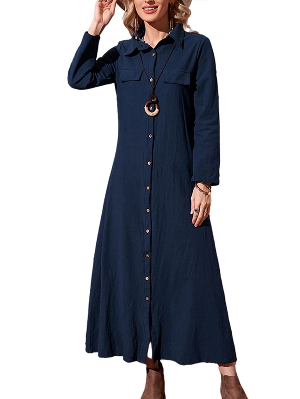 Cotton Long Sleeve Button-Front Shirt Maxi Dress