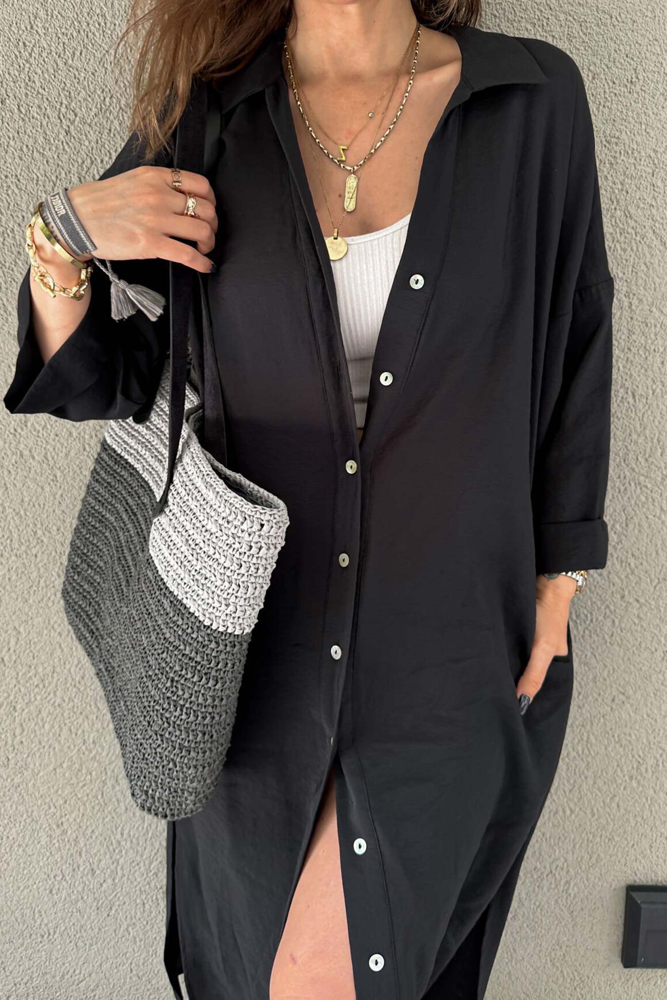 Solid Color Single-breasted Slit Shirt Dress