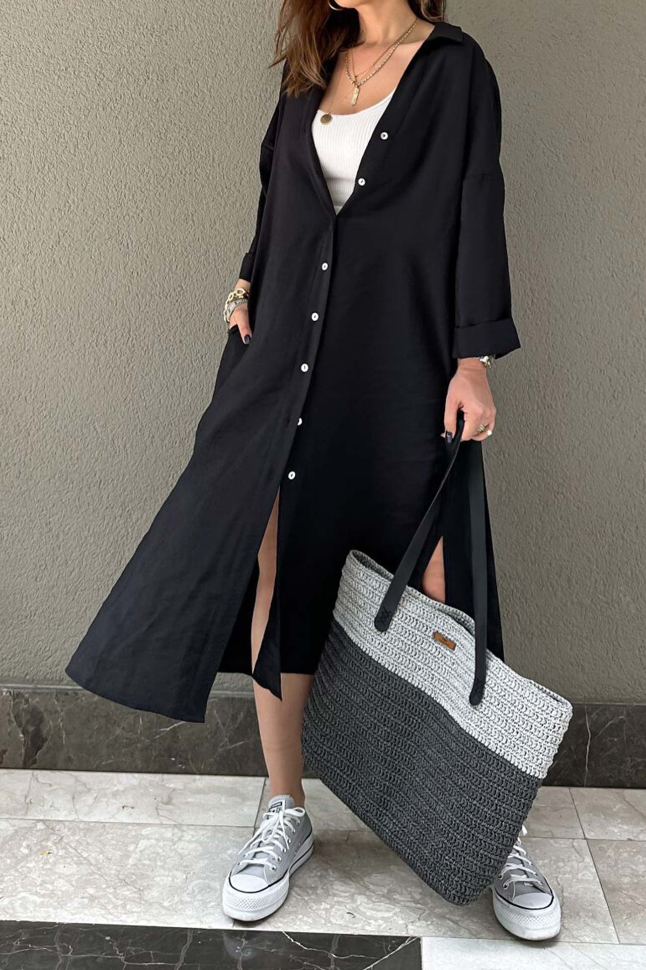 Solid Color Single-breasted Slit Shirt Dress