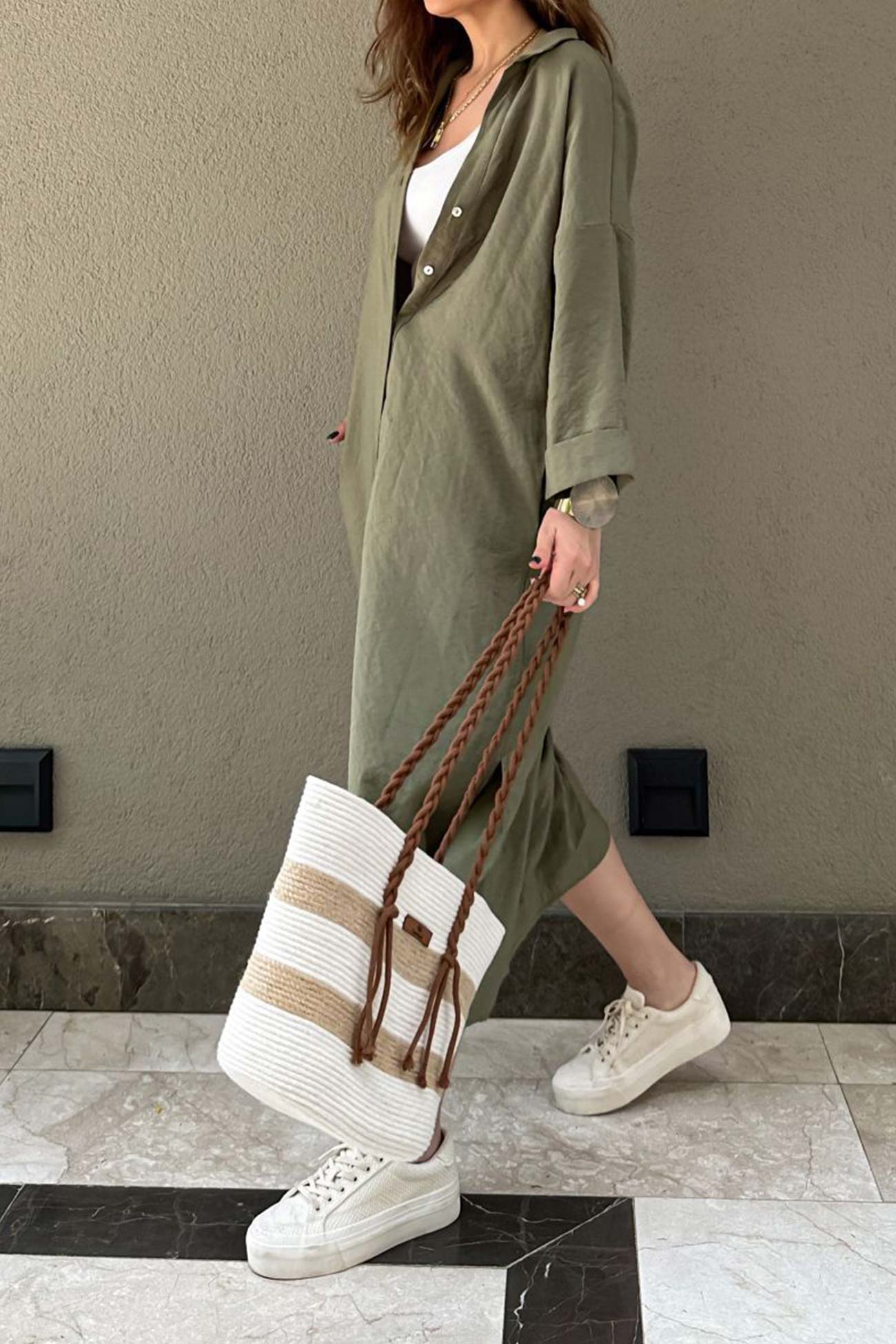 Solid Color Single-breasted Slit Shirt Dress