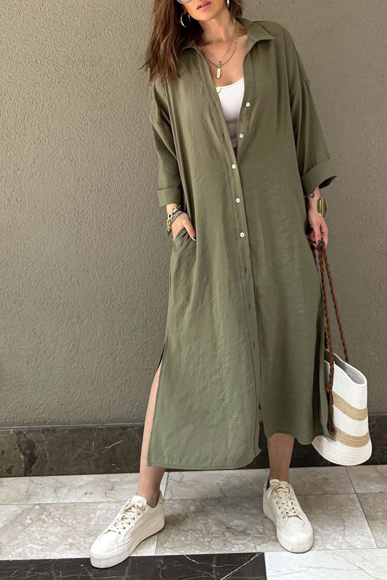 Solid Color Single-breasted Slit Shirt Dress