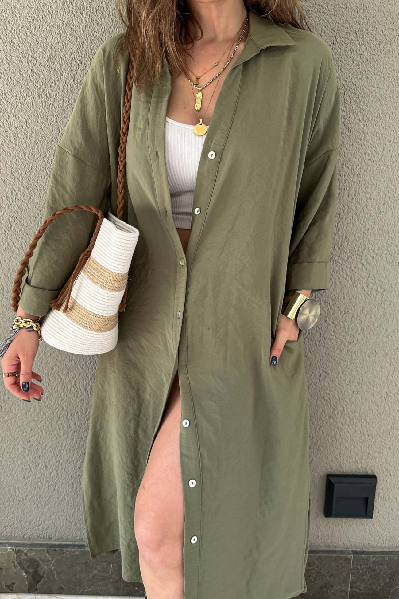 Solid Color Single-breasted Slit Shirt Dress