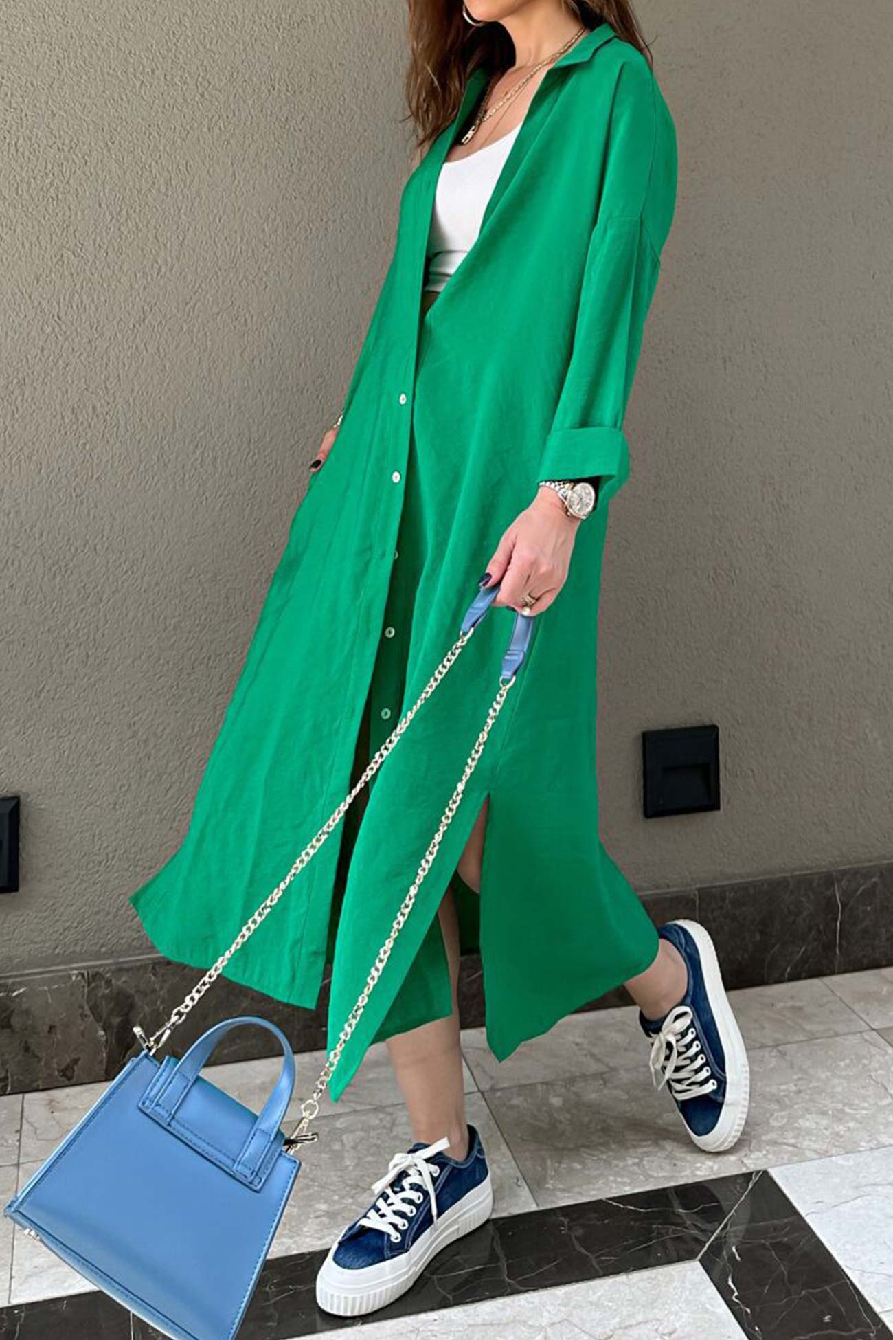 Solid Color Single-breasted Slit Shirt Dress