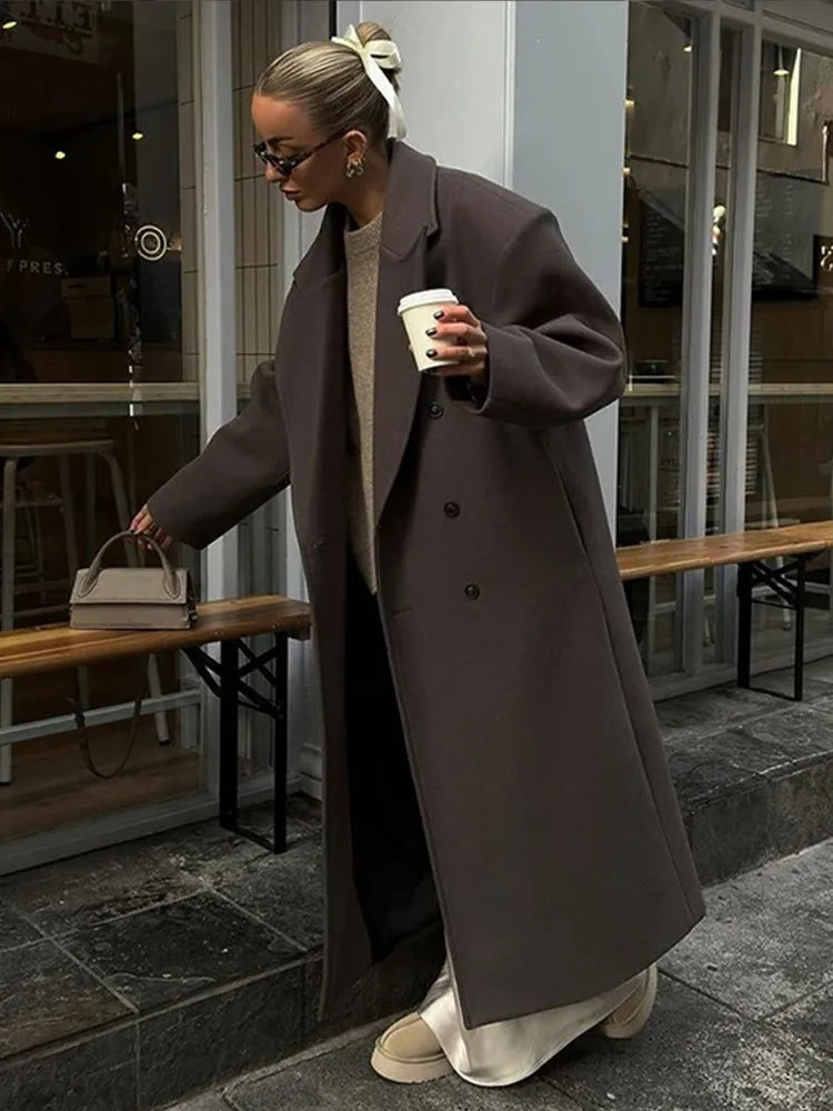 Solid Double-Breasted Turn-Down Overcoat