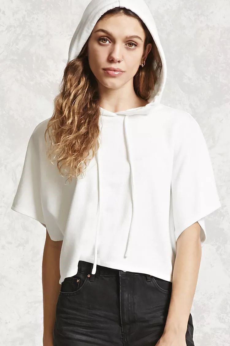 Solid Drawstring Hooded Sweatshirt With Short Sleeves - Mislish