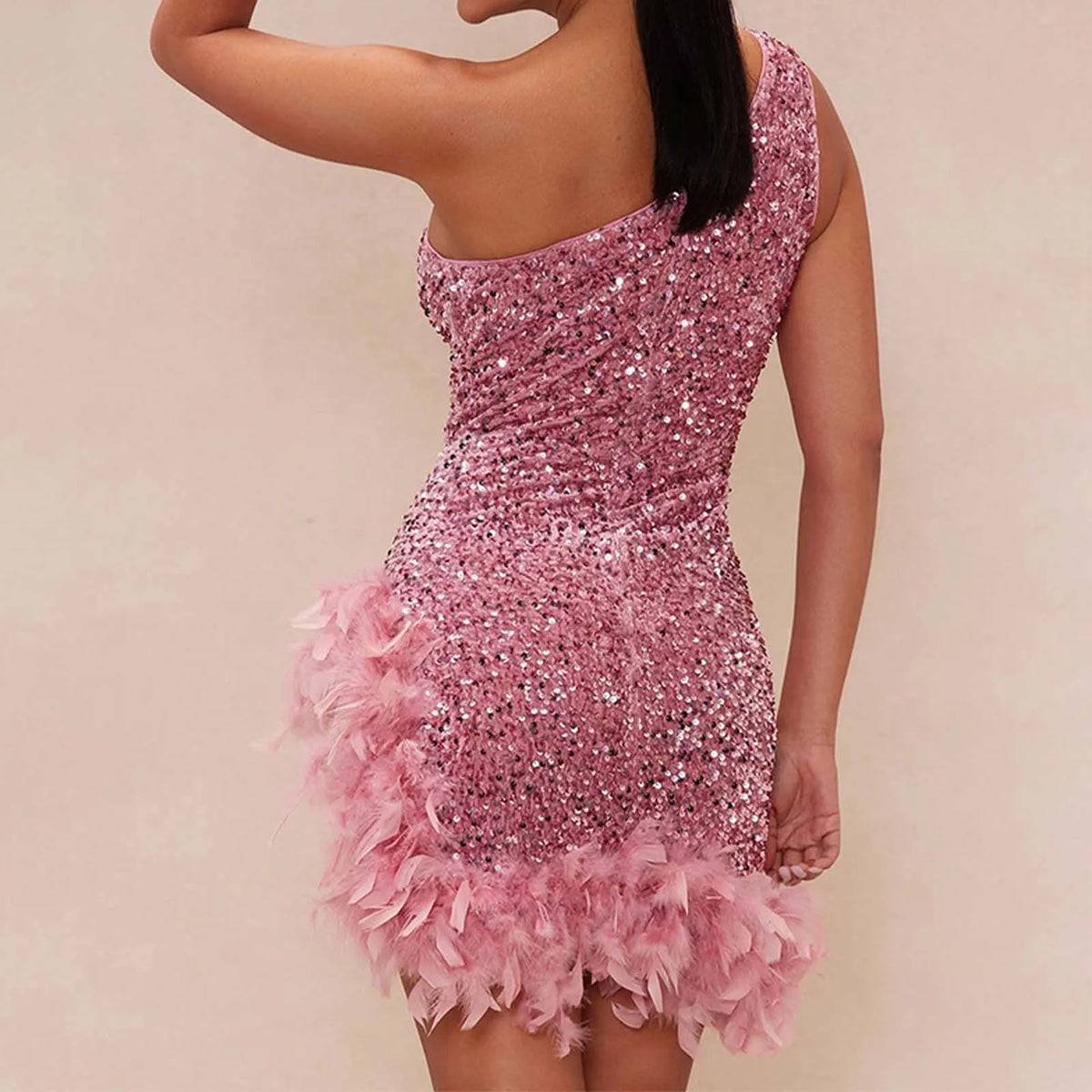 Sequin One Shoulder Feather Hem Bodycon Mini Dress