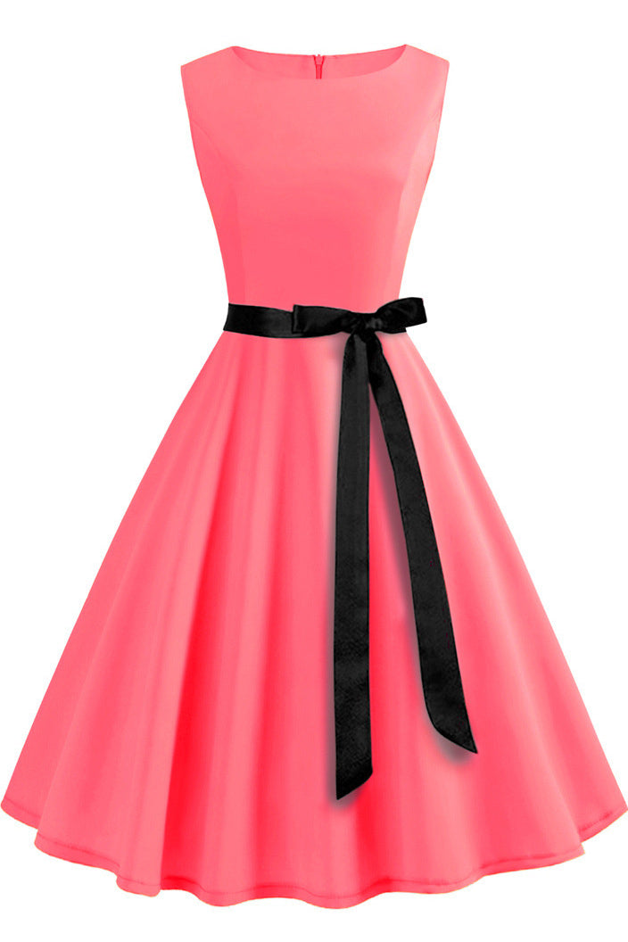 Solid Hepburn Sleeveless Lace-up Dress - Mislish