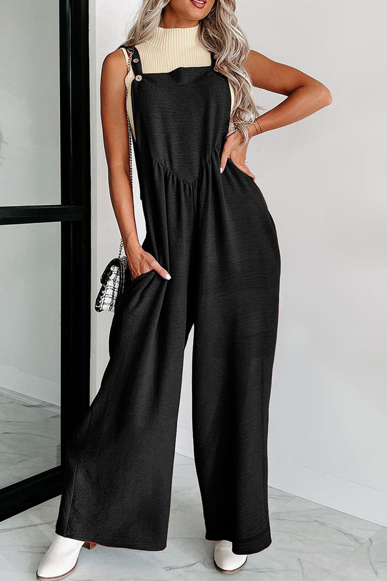 Solid High Waist Pocketed Overalls - Fashionpara