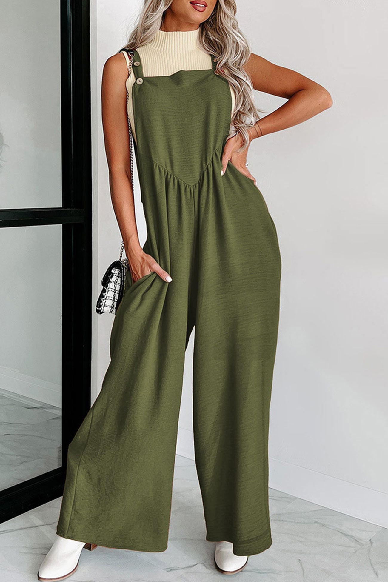 Solid High Waist Pocketed Overalls - Fashionpara