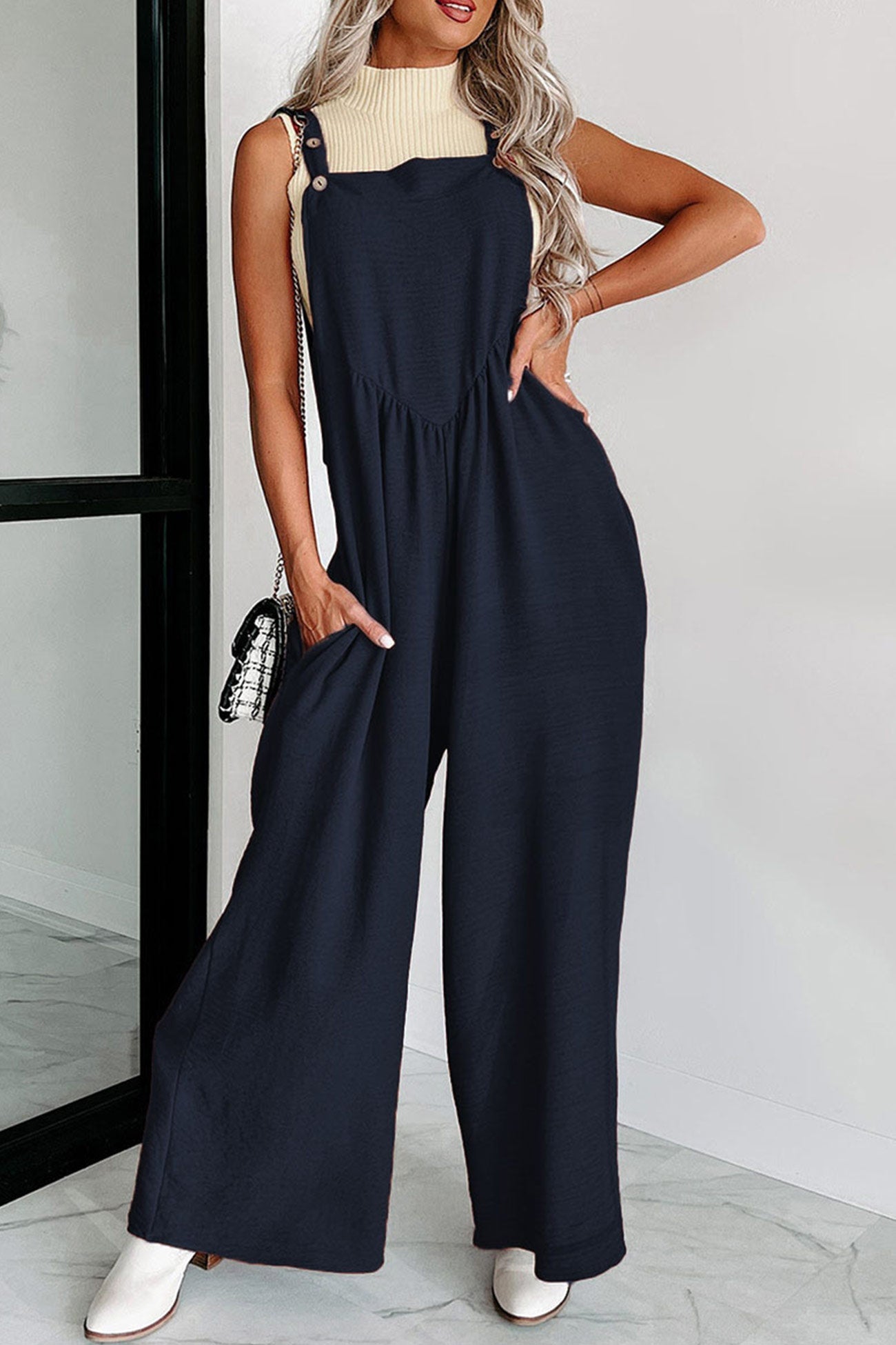 Solid High Waist Pocketed Overalls - Fashionpara