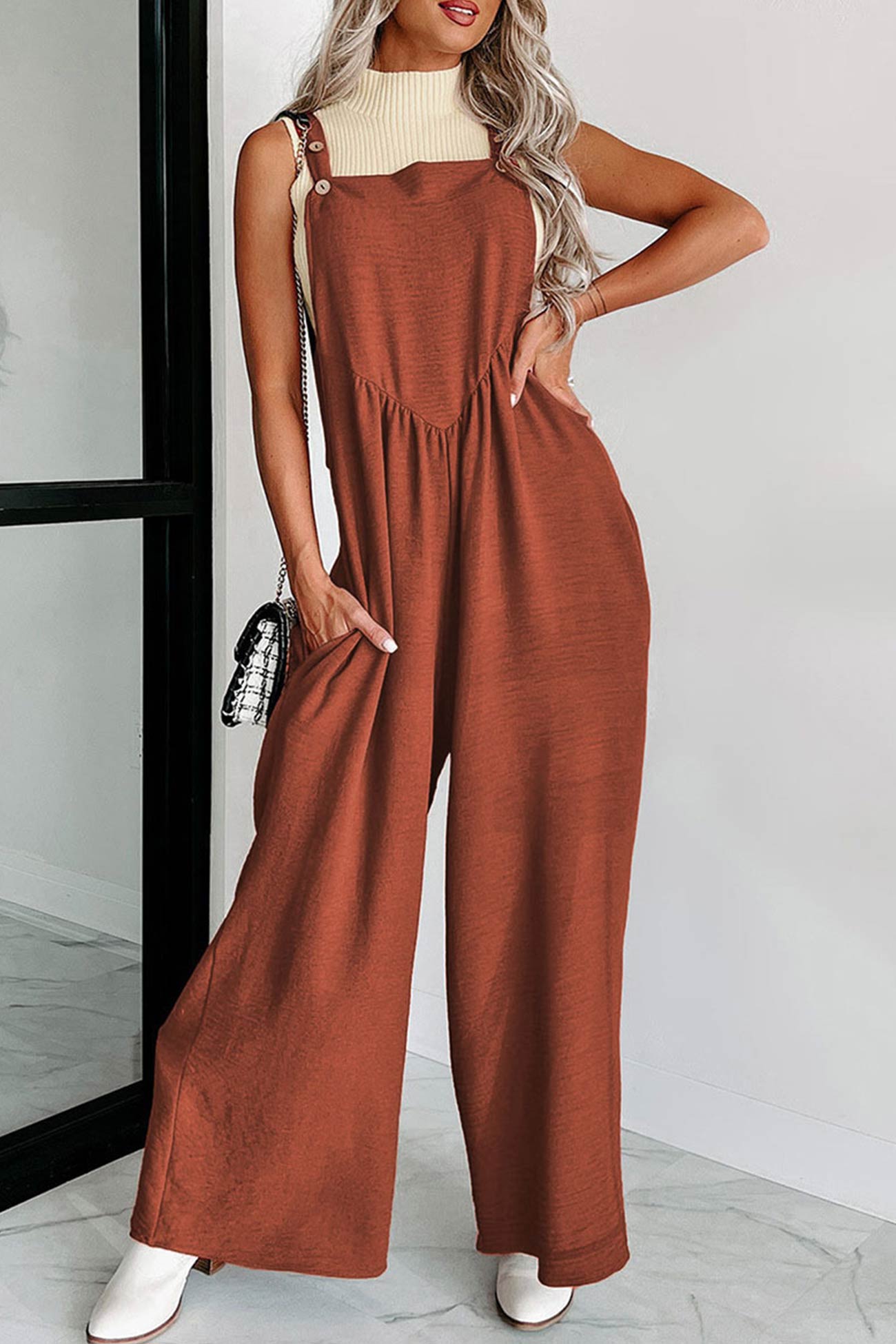 Solid High Waist Pocketed Overalls - Fashionpara