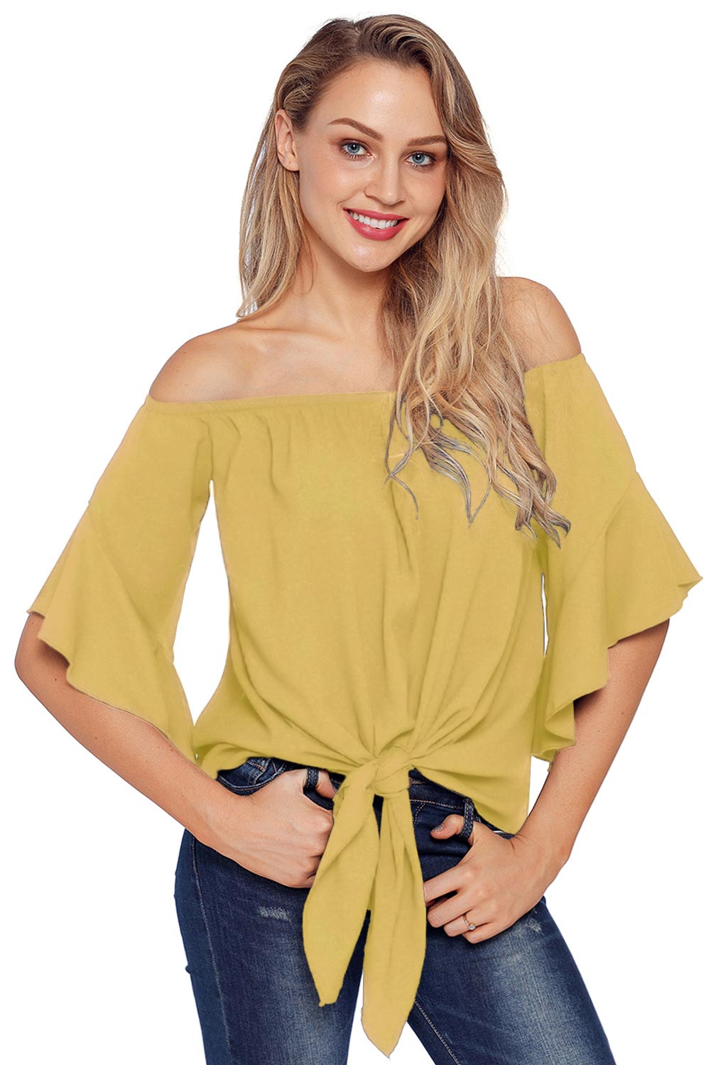 Solid Off-the-shoulder Knot Front Blouse - Mislish
