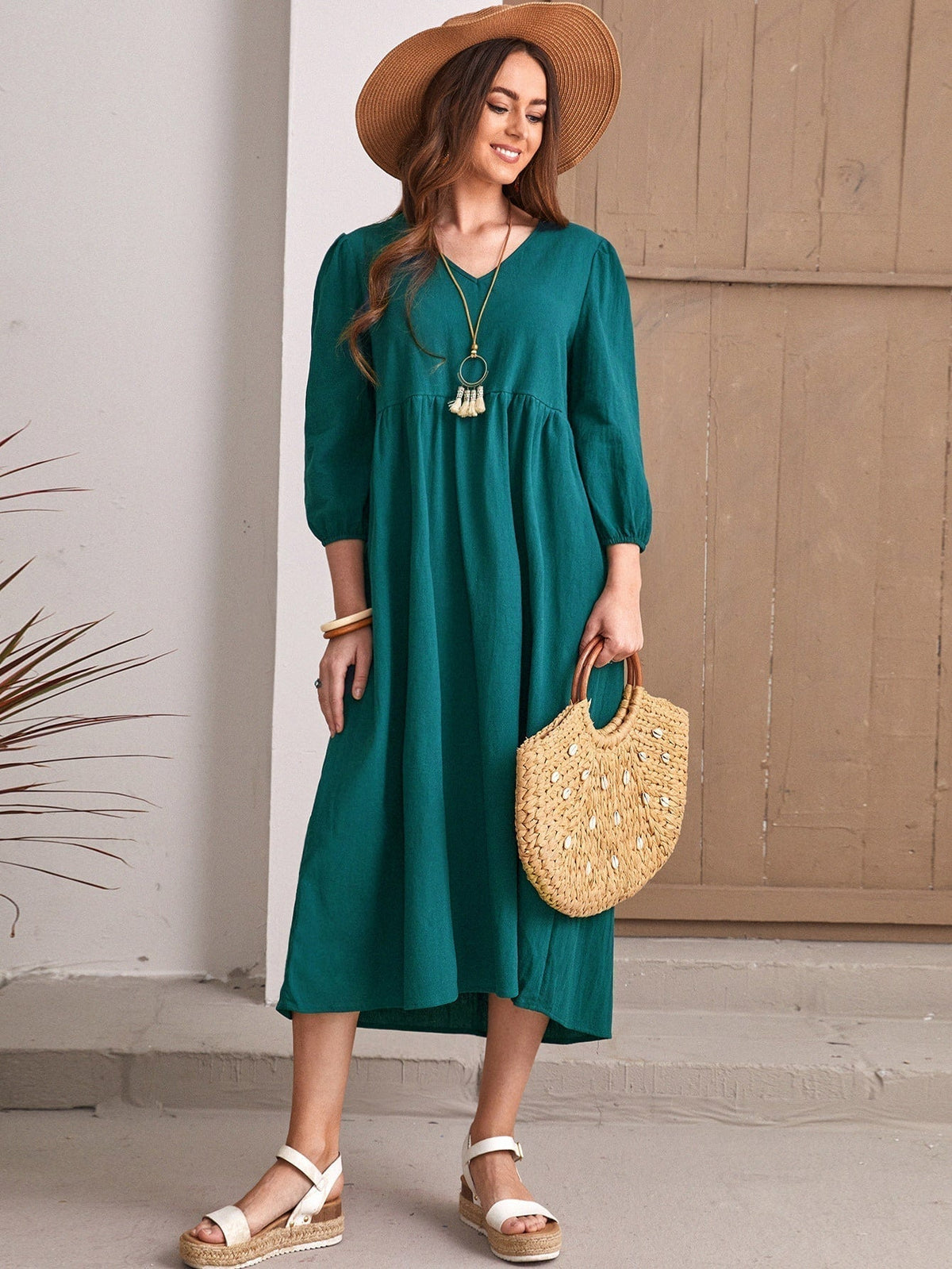 V-Neck Long Sleeve Empire Waist Smock Midi Dress