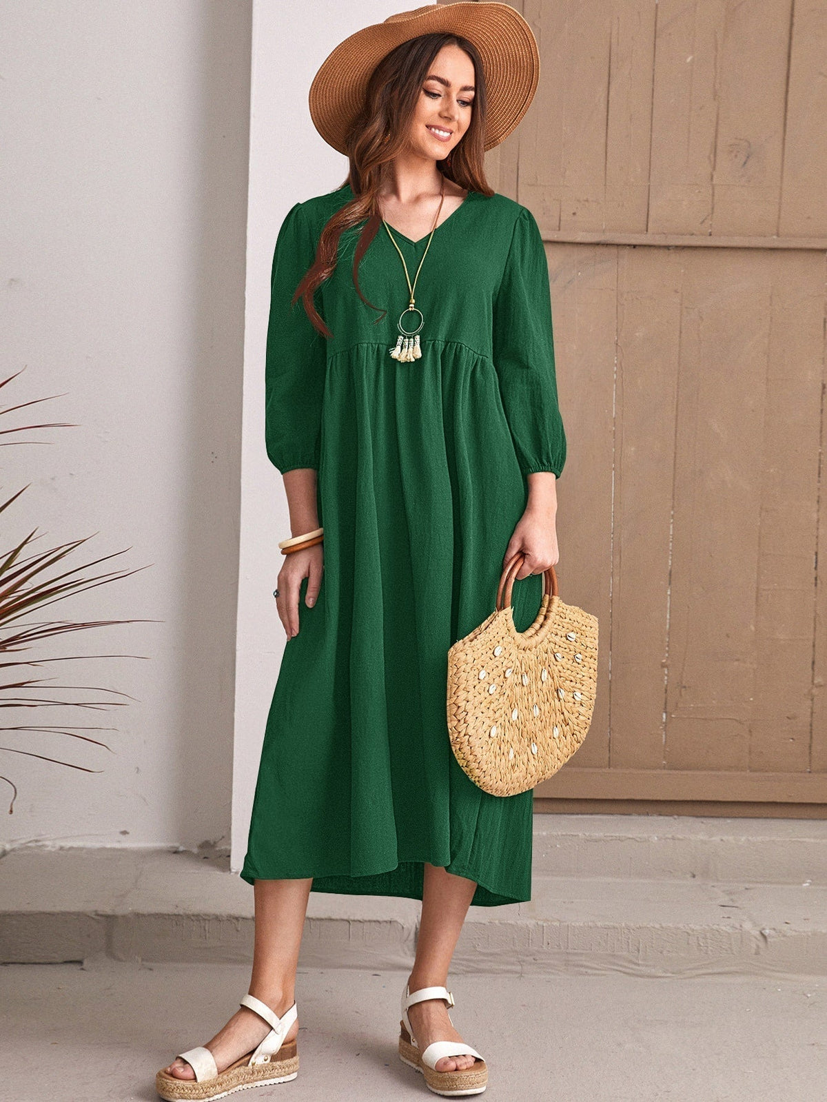 V-Neck Long Sleeve Empire Waist Smock Midi Dress