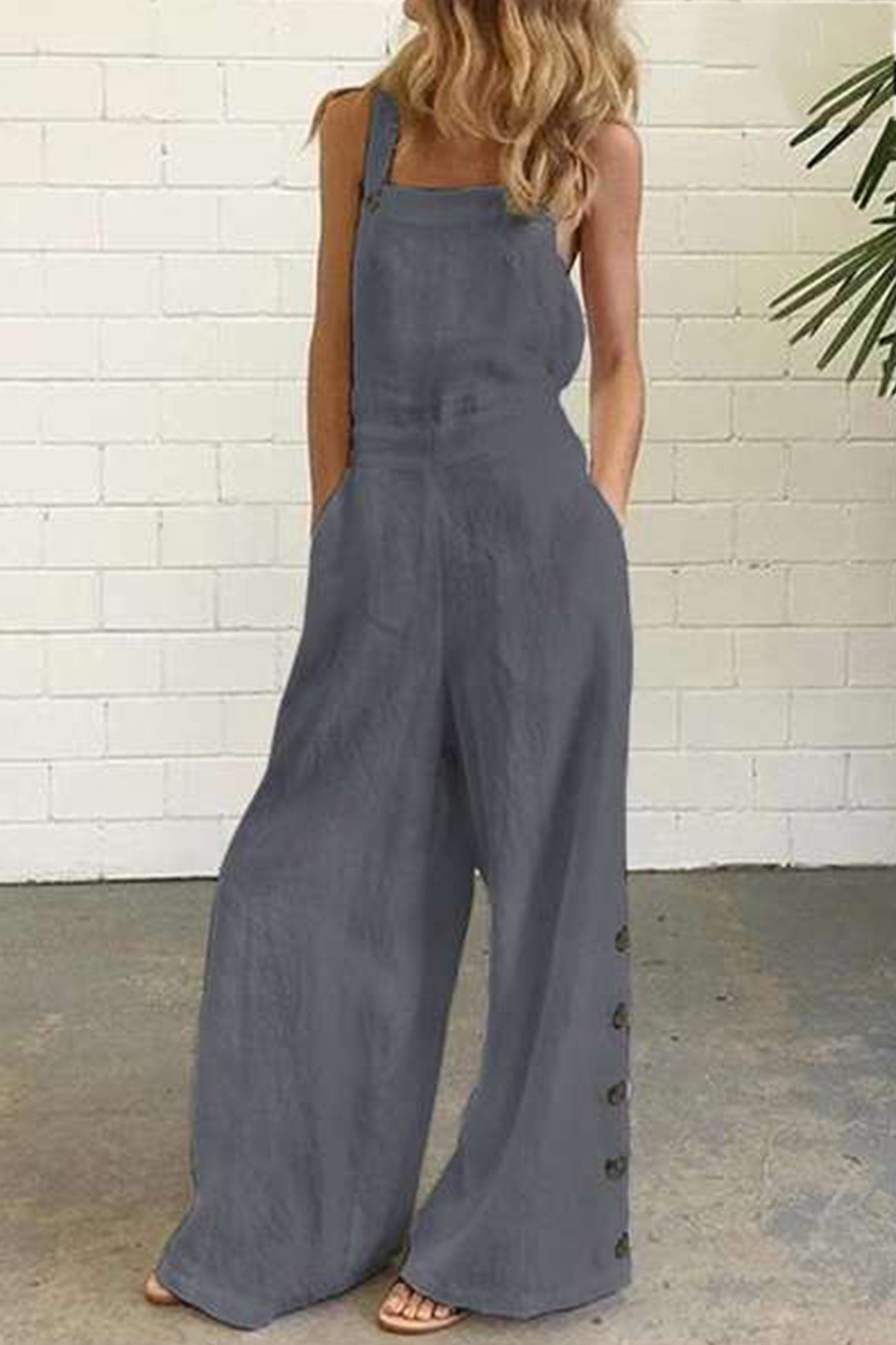 Solid Pocketed Single-breasted Slit Overalls - Fashionpara