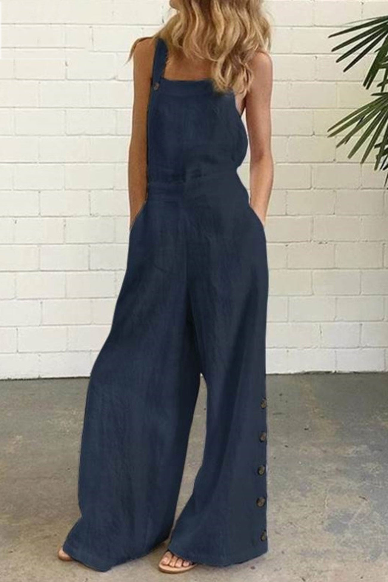 Solid Pocketed Single-breasted Slit Overalls - Fashionpara