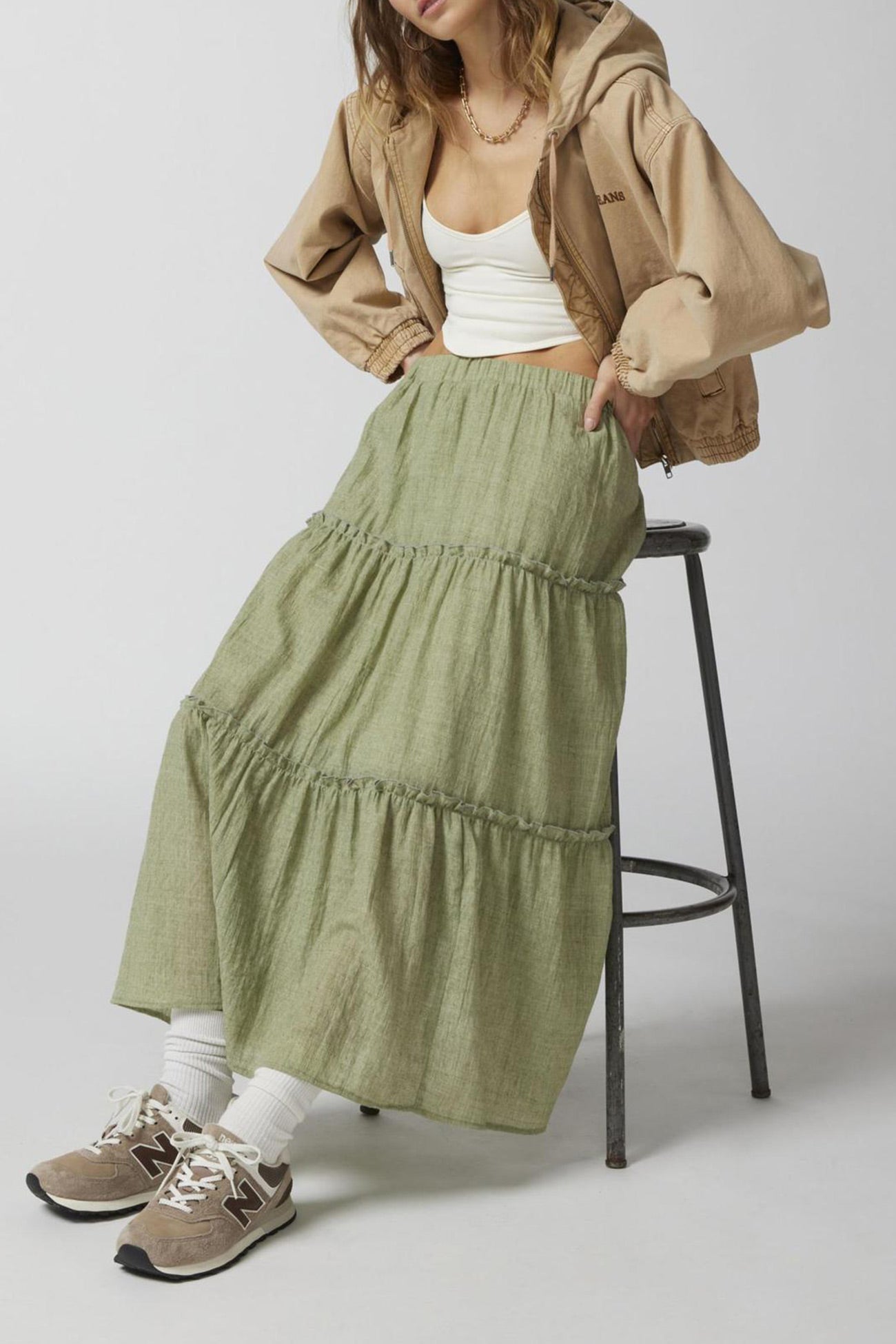 Solid Ruched Tiered Midi Skirt - Fashionpara