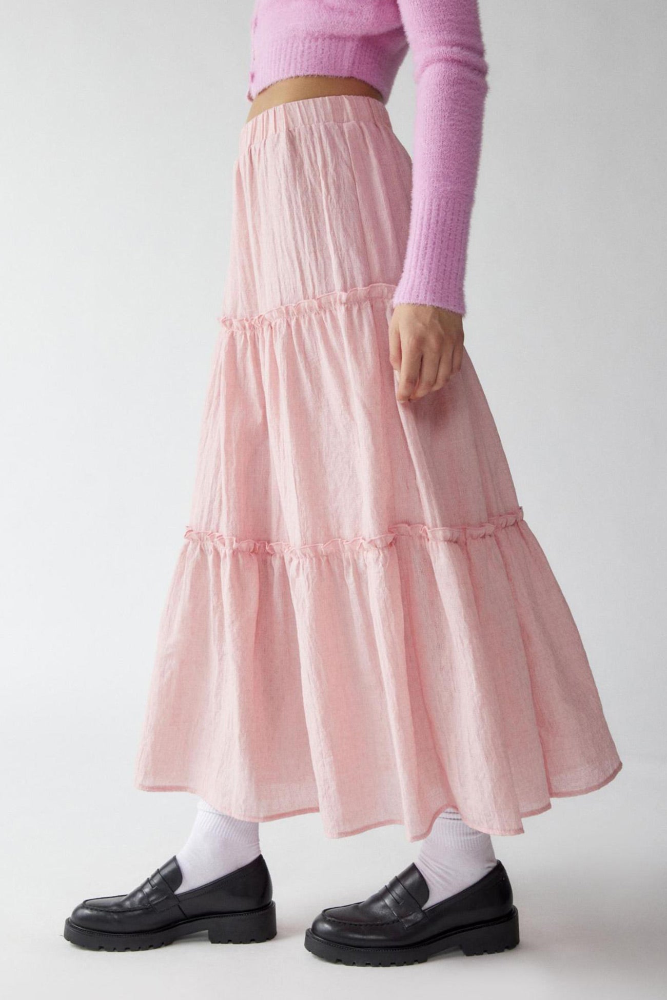 Solid Ruched Tiered Midi Skirt - Fashionpara