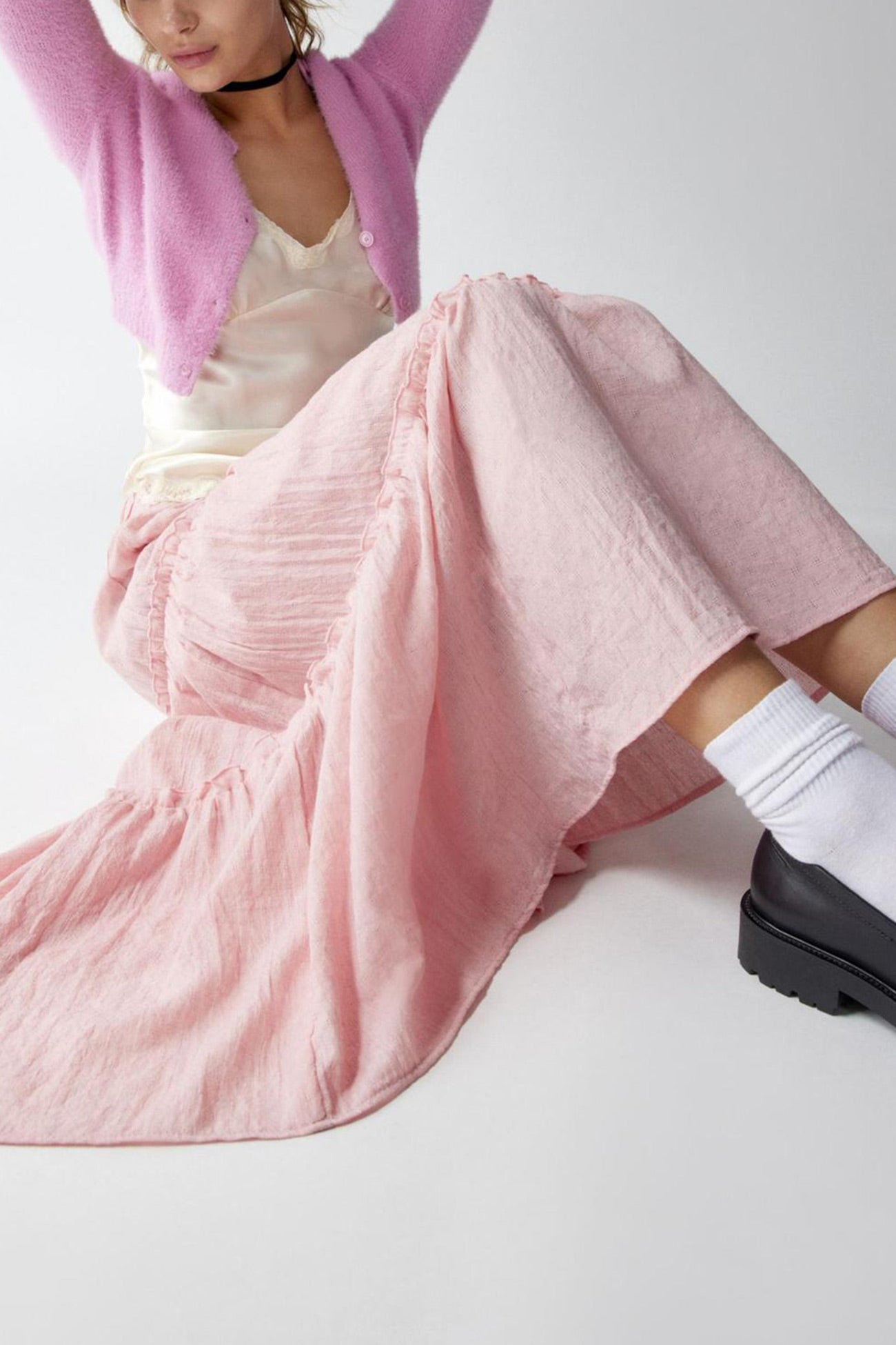 Solid Ruched Tiered Midi Skirt - Fashionpara