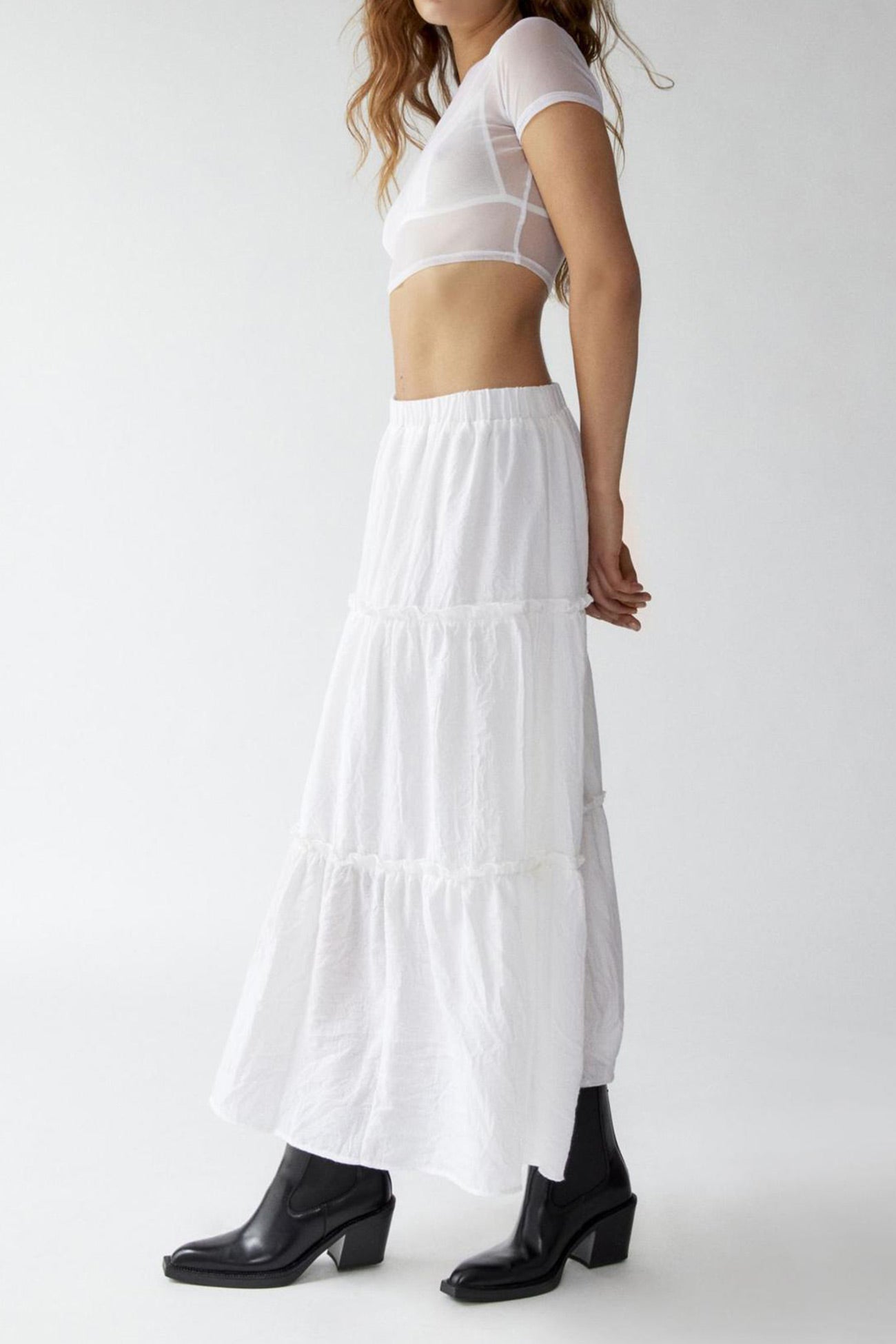 Solid Ruched Tiered Midi Skirt - Fashionpara