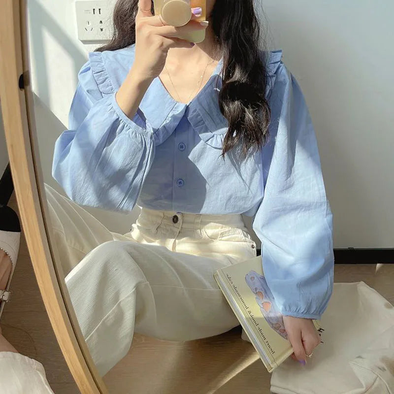 Simple Ruffles Single Breasted White Blouse