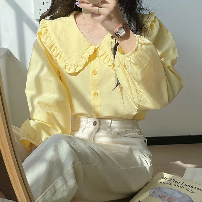 Simple Ruffles Single Breasted White Blouse