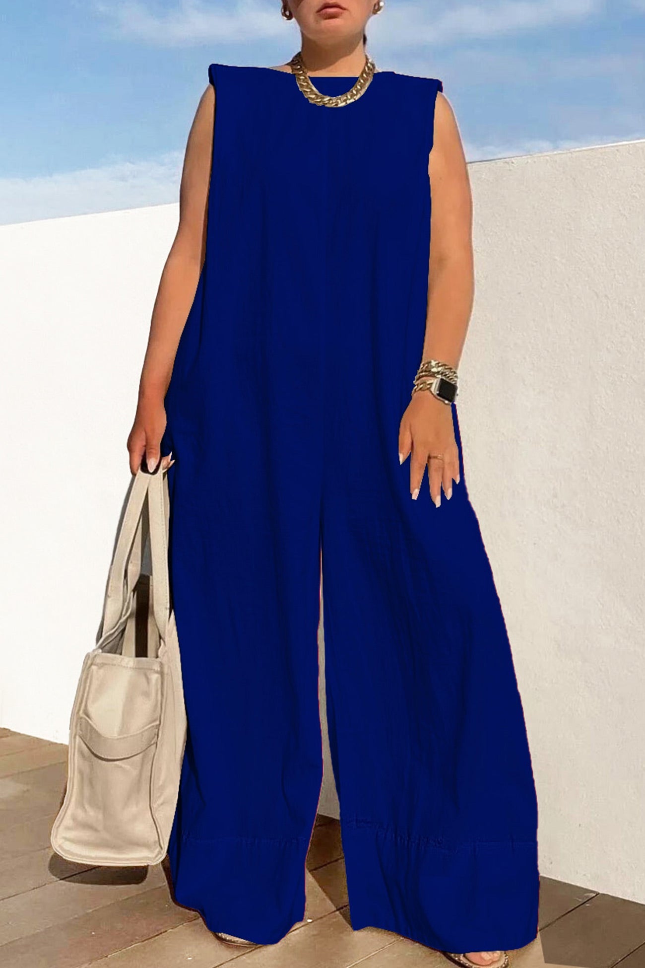 Solid Sleeveless Wide Leg Jumpsuits - Fashionpara