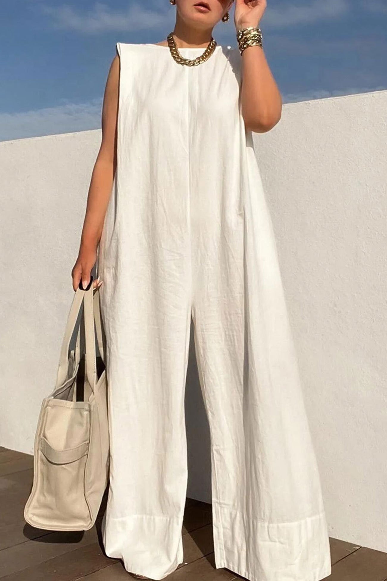 Solid Sleeveless Wide Leg Jumpsuits - Fashionpara