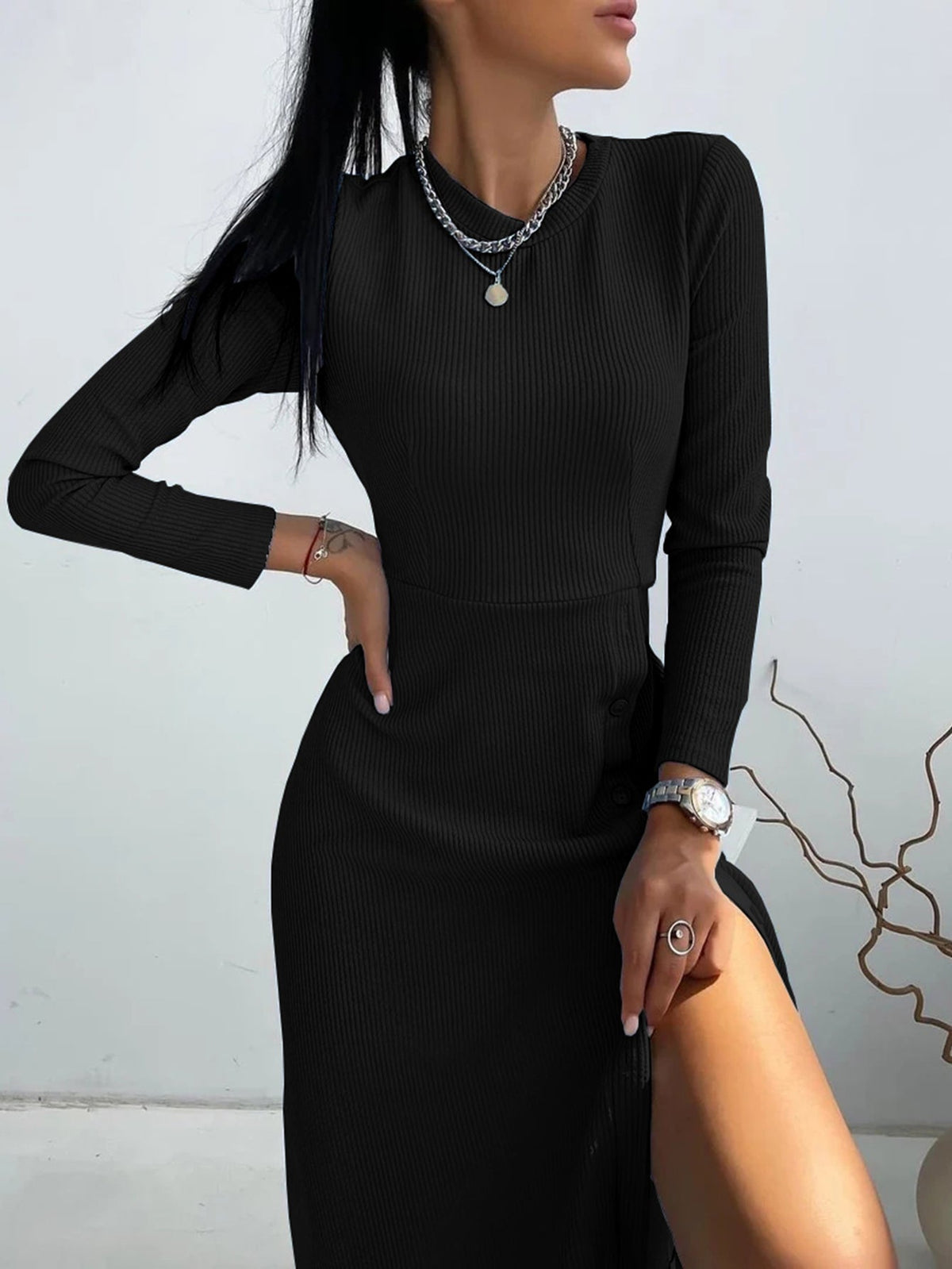 KittenAlarm - Solid Split Thigh Dress